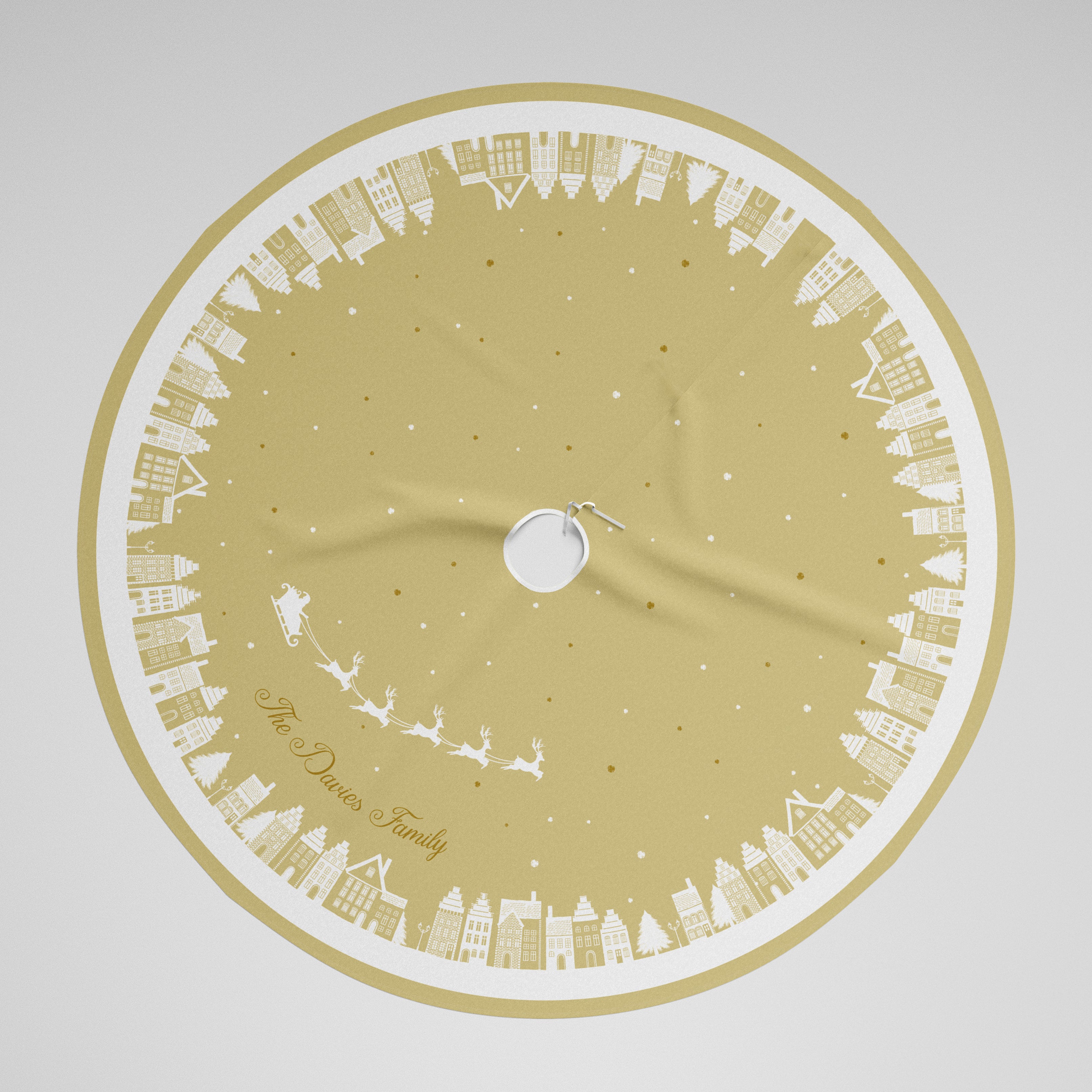 Personalised Christmas Tree Skirt Gold Winter Village Windsor & White