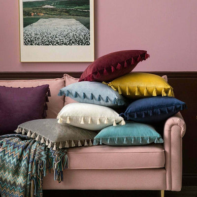 Soft Pink Velvet Tassle Cushion - Handmade Homeware, Made in Britain - Windsor and White
