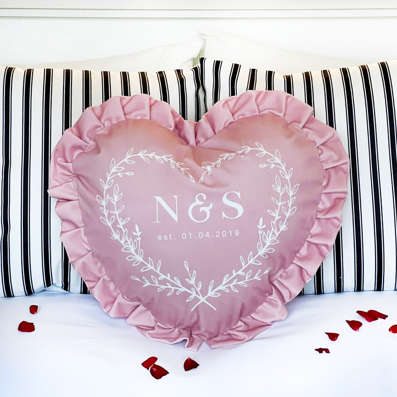 Personalised Initials Wreath Heart Cushion Pink