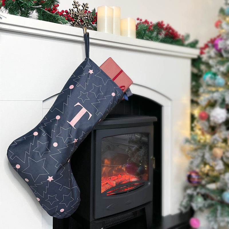 Personalised Christmas Stocking Navy Star and Tree