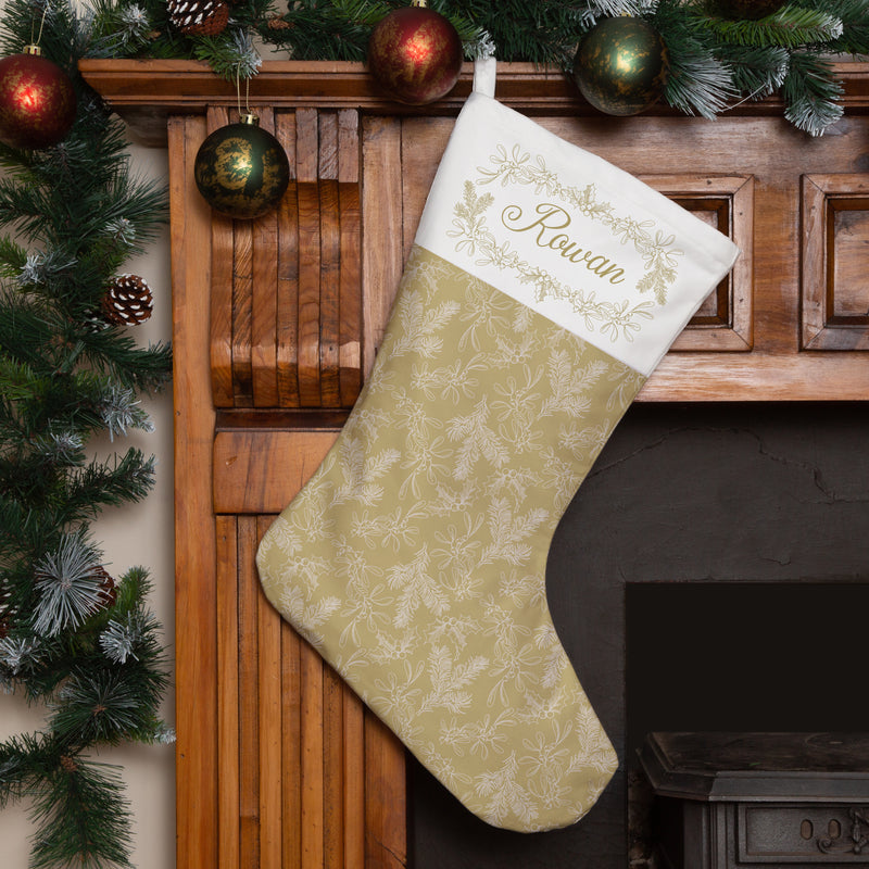 Personalised Christmas Stocking Gold Holly Mistletoe