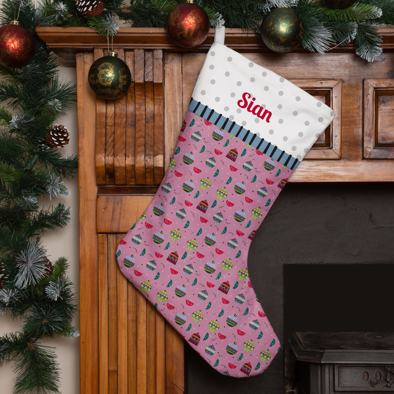 Personalised Christmas Stocking Dusky Pink Bright Baubles