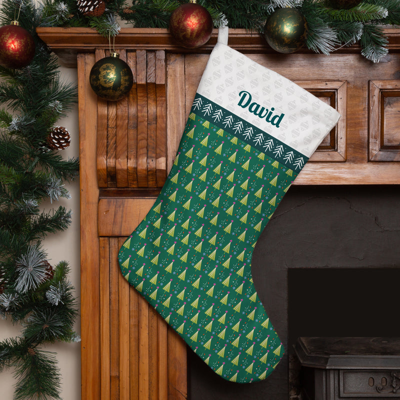 Personalised Christmas Stocking Green Block Trees and Stars