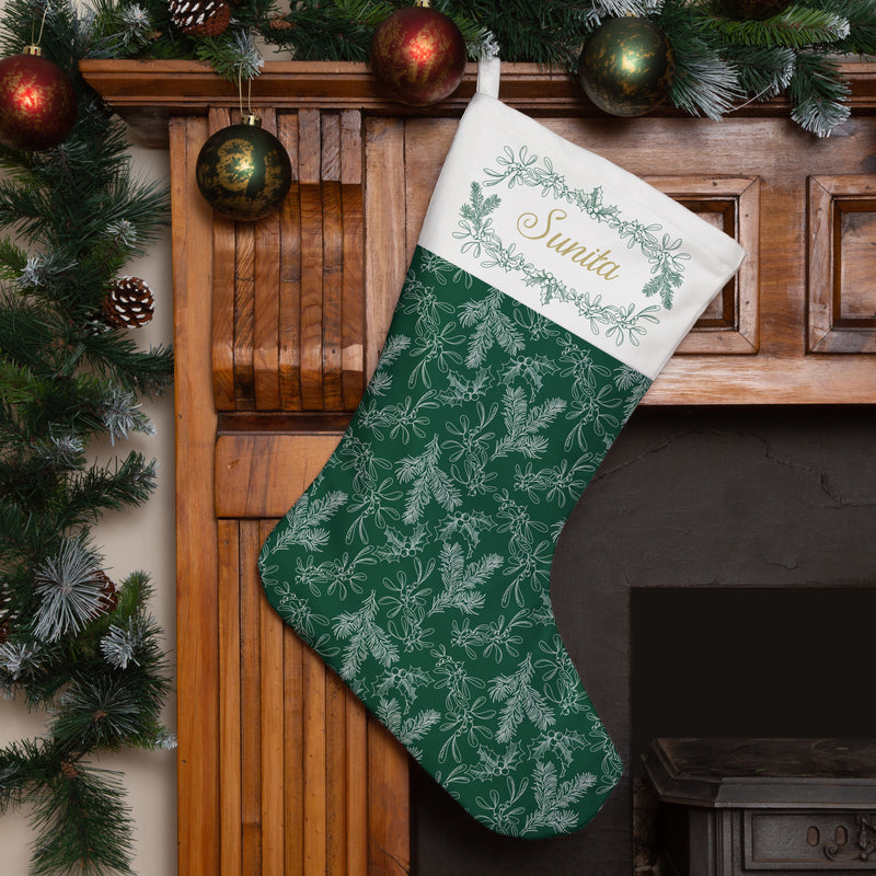 Personalised Christmas Stocking Green Holly Mistletoe