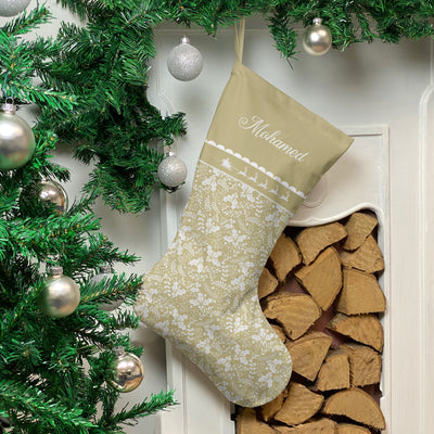 Personalised Christmas Stocking Gold Holly Santa Sleigh