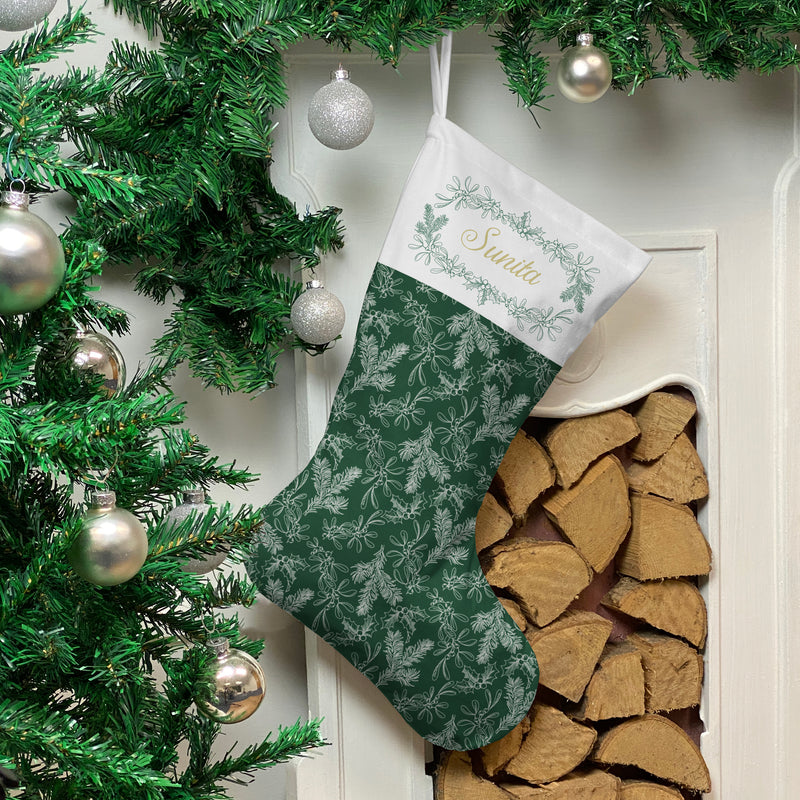 Personalised Christmas Stocking Green Holly Mistletoe