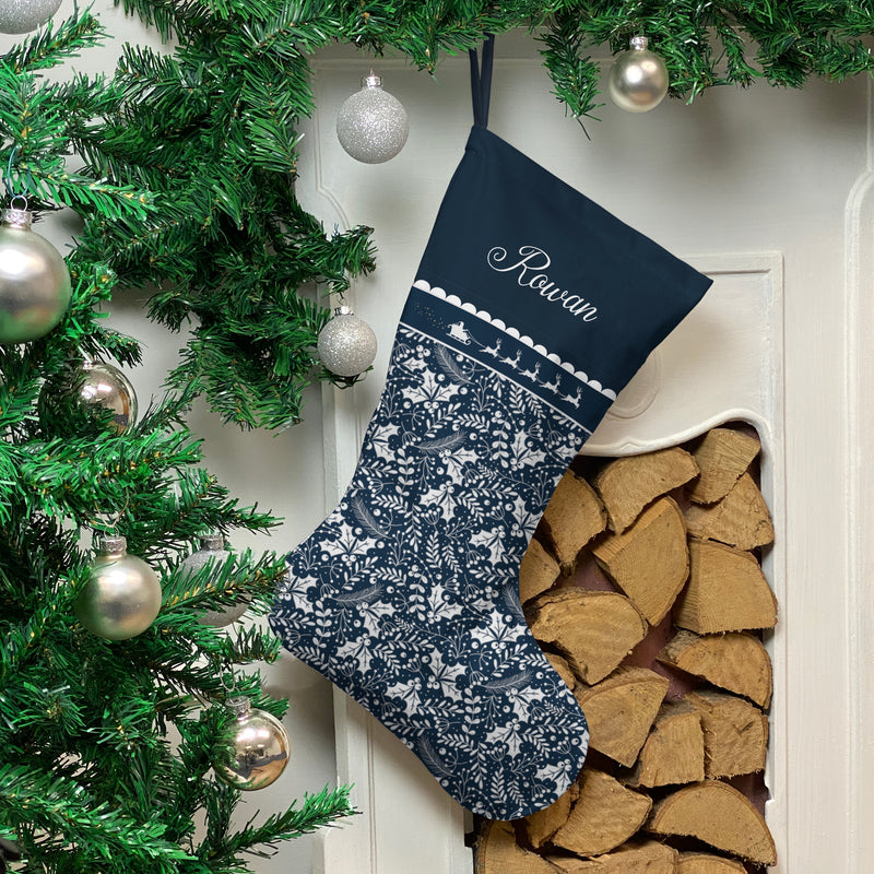 Personalised Christmas Stocking Blue Holly Santa Sleigh