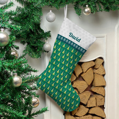 Personalised Christmas Stocking Green Block Trees and Stars