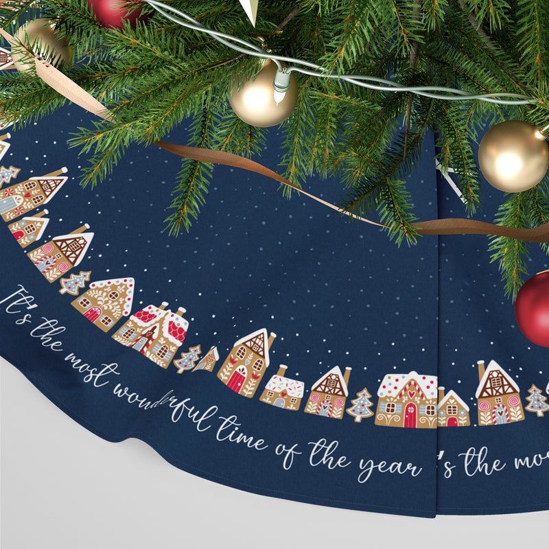 Personalised Christmas Tree Skirt - Blue Gingerbread Houses