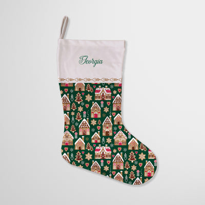 Personalised Christmas Stocking Gingerbread Houses Green
