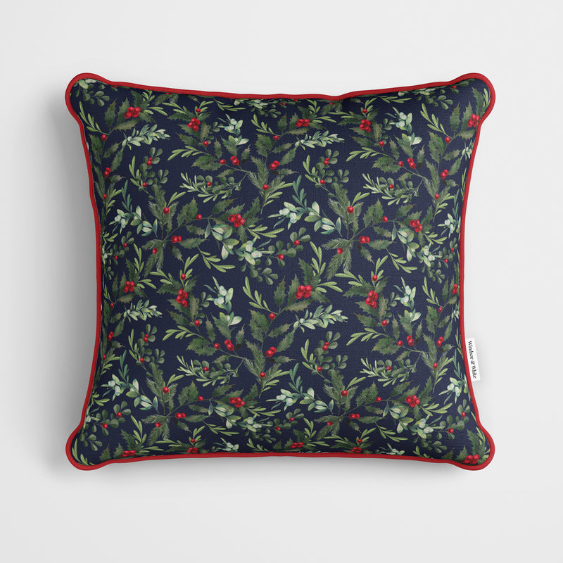 Holly Bush Navy Blue Christmas Cushion