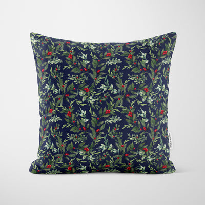 Holly Bush Navy Blue Christmas Cushion