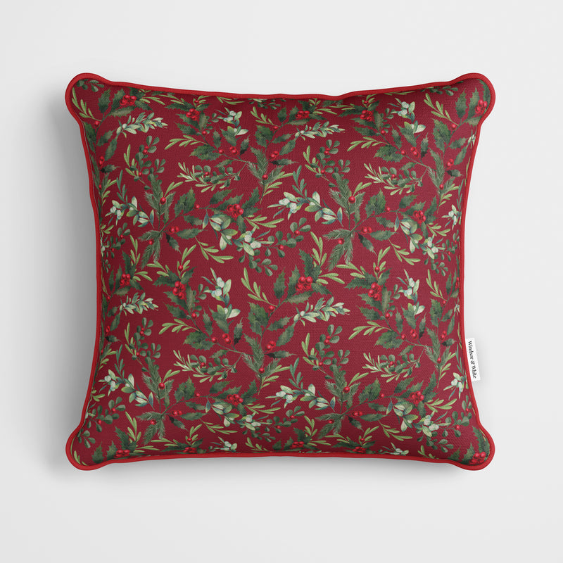 Holly Bush Dark Red Christmas Cushion