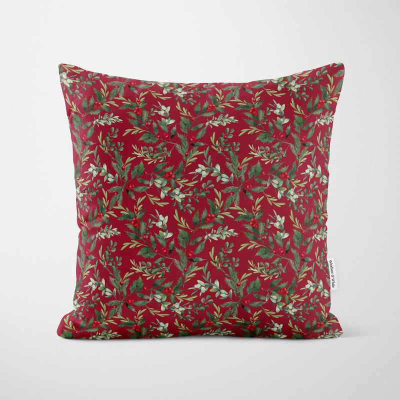Holly Bush Dark Red Christmas Cushion