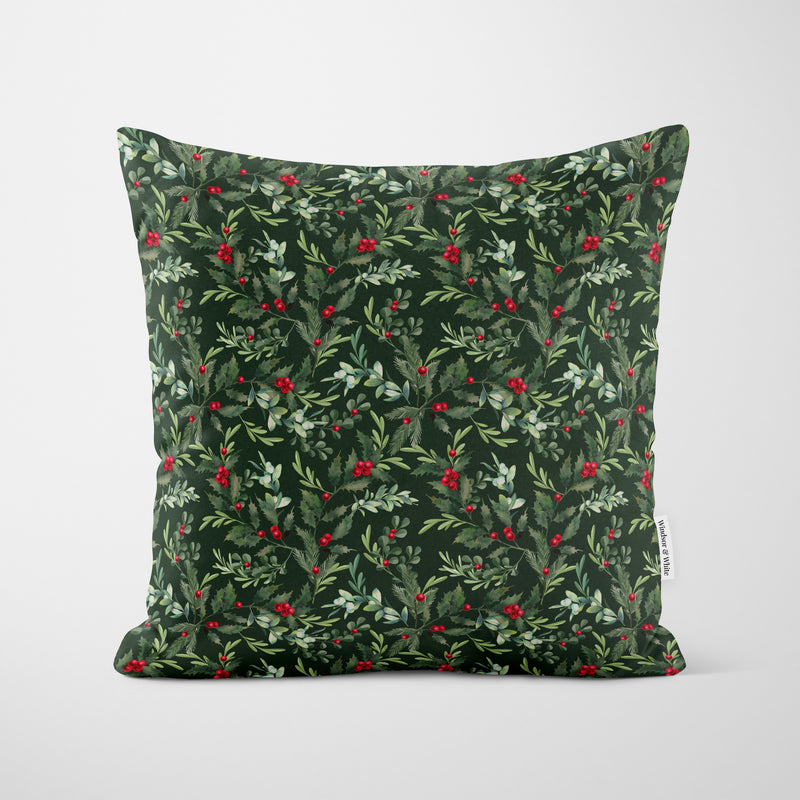 Holly Bush Dark Green Christmas Cushion
