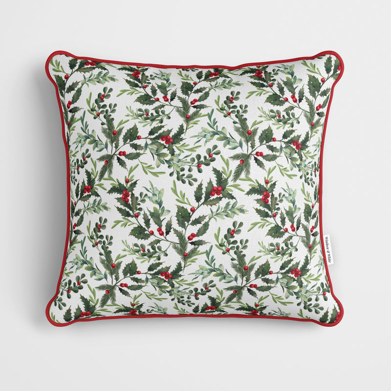 Holly Bush White & Green Christmas Cushion