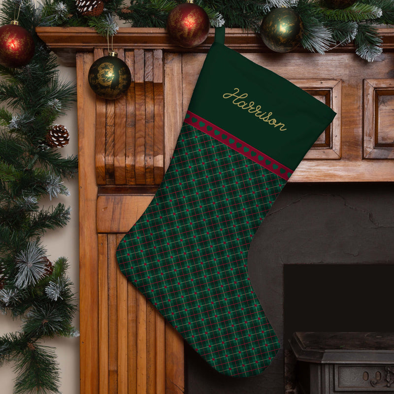 Personalised Christmas Stocking Green Tartan Hearts