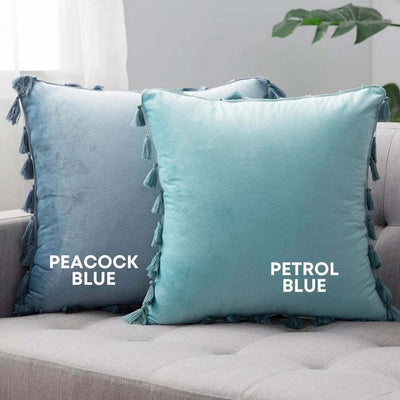 Peacock Blue Velvet Tassle Cushion - Handmade Homeware, Made in Britain - Windsor and White