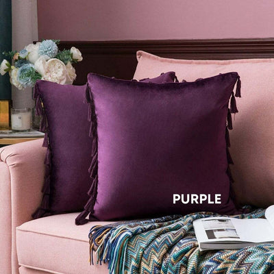 Royal Purple Velvet Tassle Cushion - Handmade Homeware, Made in Britain - Windsor and White