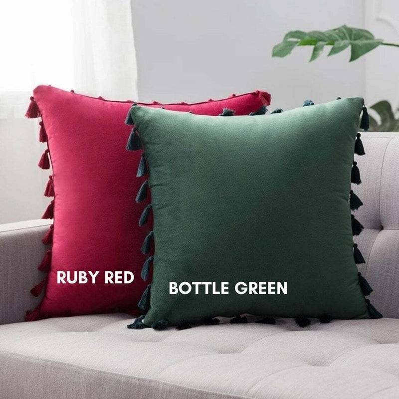 Bottle Green Velvet Tassle Cushion - Handmade Homeware, Made in Britain - Windsor and White