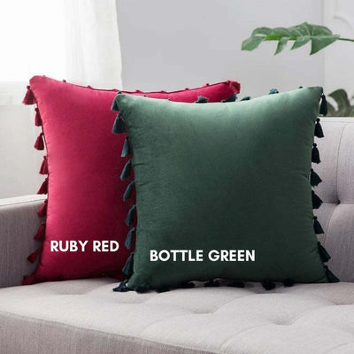 Ruby Red Velvet Tassle Cushion - Handmade Homeware, Made in Britain - Windsor and White