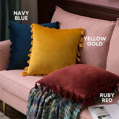 Navy Blue Velvet Tassle Cushion - Handmade Homeware, Made in Britain - Windsor and White