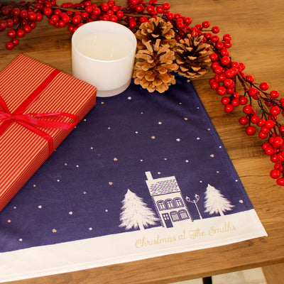 Personalised Christmas Table Place Mats Blue Christmas Village