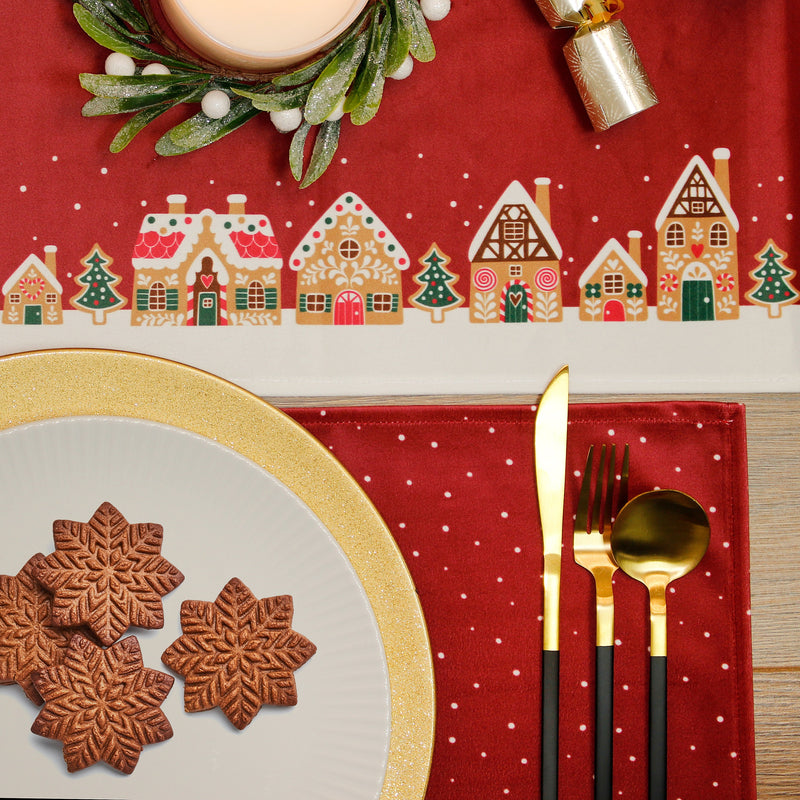 Christmas Table Runner Gingerbread Houses Red