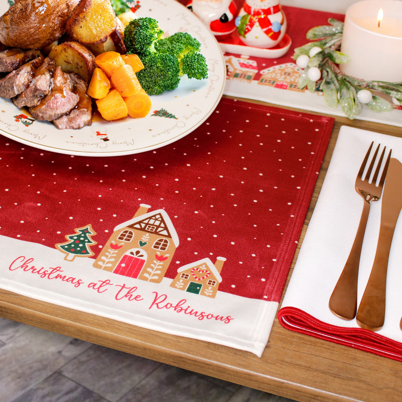 Personalised Christmas Table Place Mats Gingerbread Houses Red