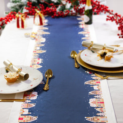 Christmas Table Runner Gingerbread Houses Blue