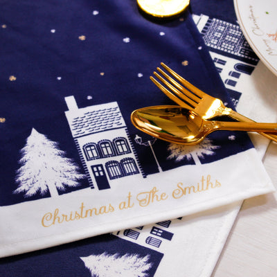 Personalised Christmas Table Place Mats Blue Christmas Village