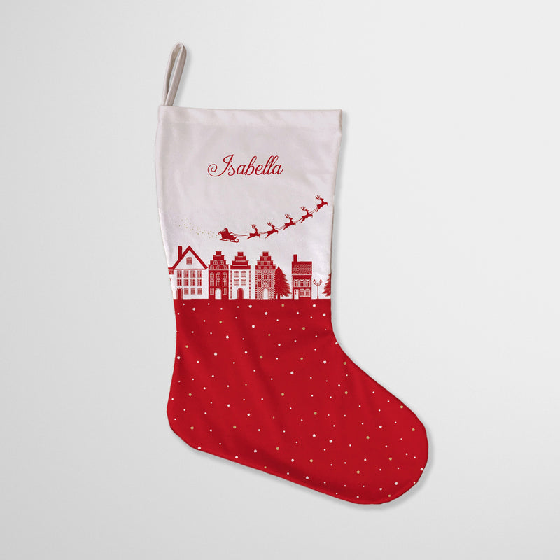Personalised Christmas Stocking Winter Village Santa Sleigh Red