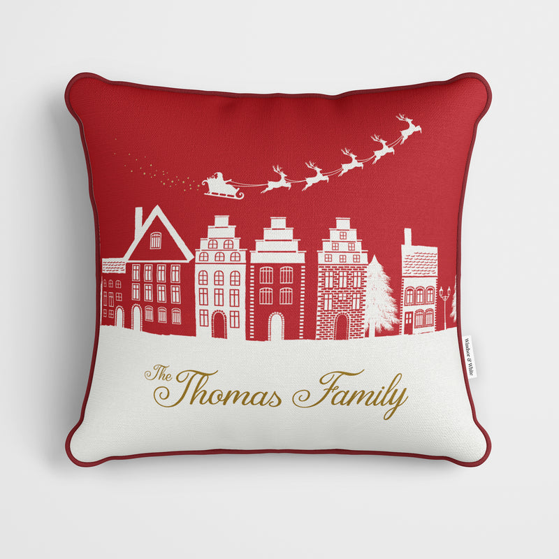 Personalised Red Village Christmas Cushion