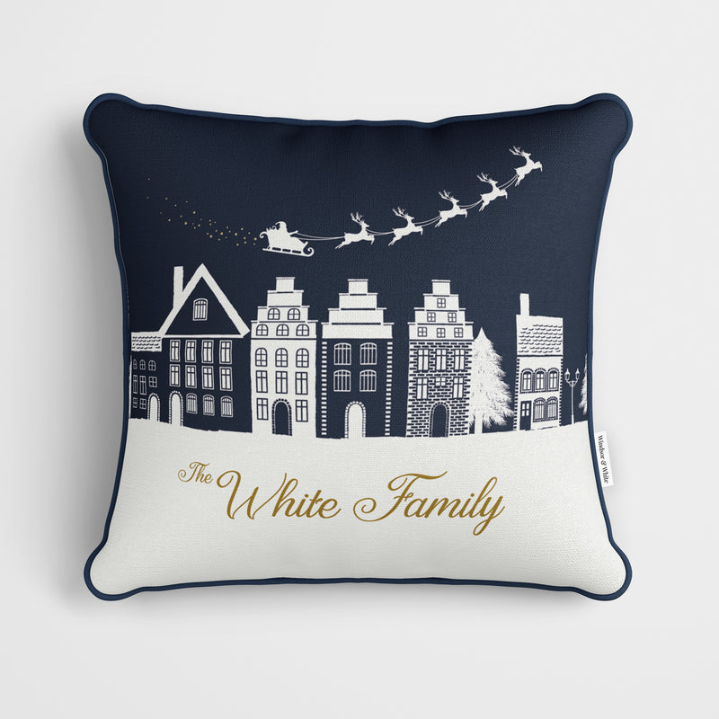 Personalised Blue Village Christmas Cushion