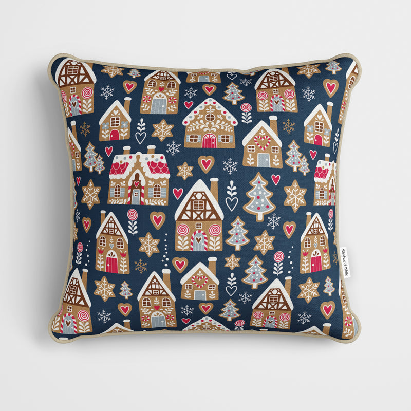 Blue Gingerbread House Christmas Cushion