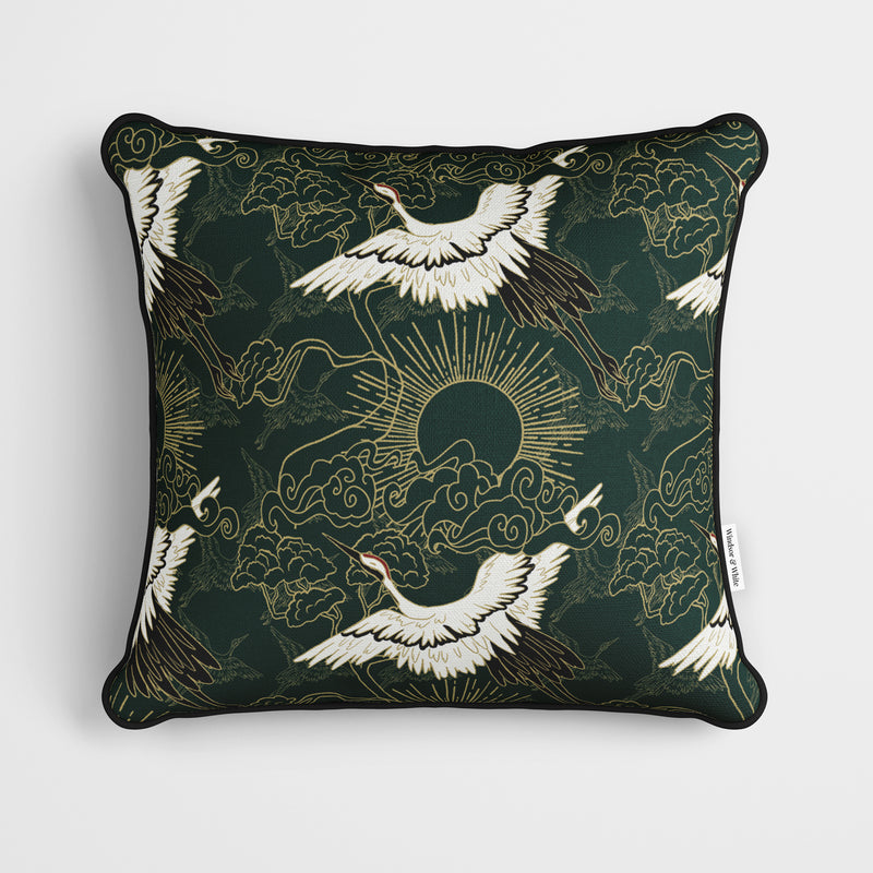 Flying Cranes Green Cushion - Handmade Homeware, Made in Britain - Windsor and White