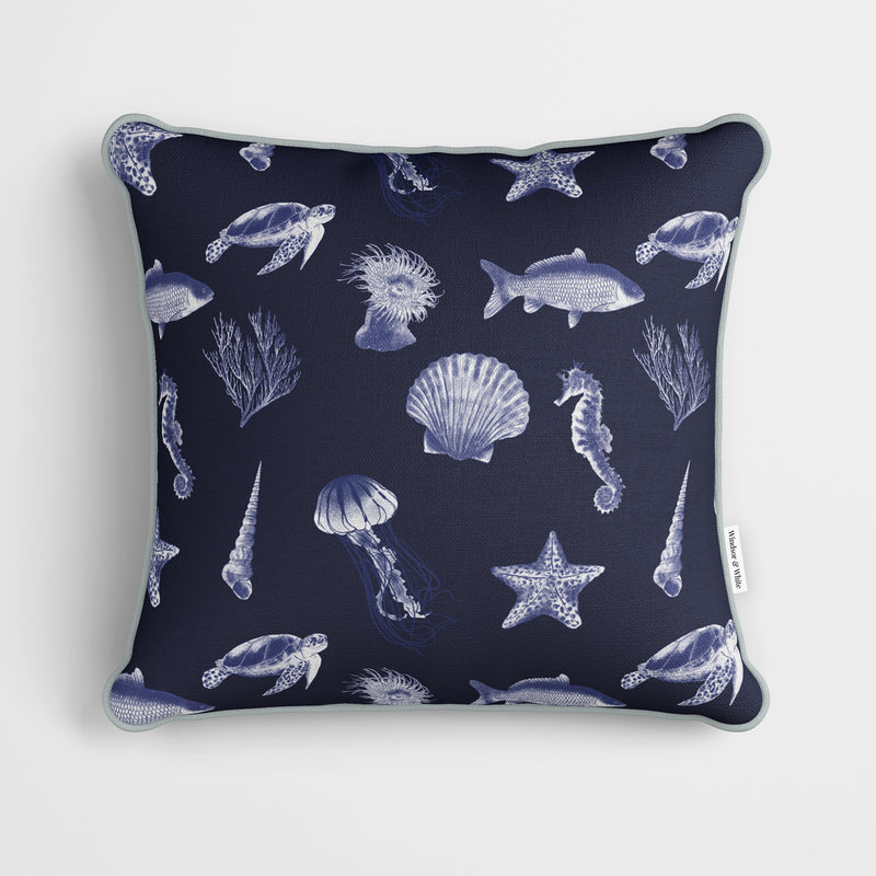 White Sea Life Print Blue Cushion - Handmade Homeware, Made in Britain - Windsor and White