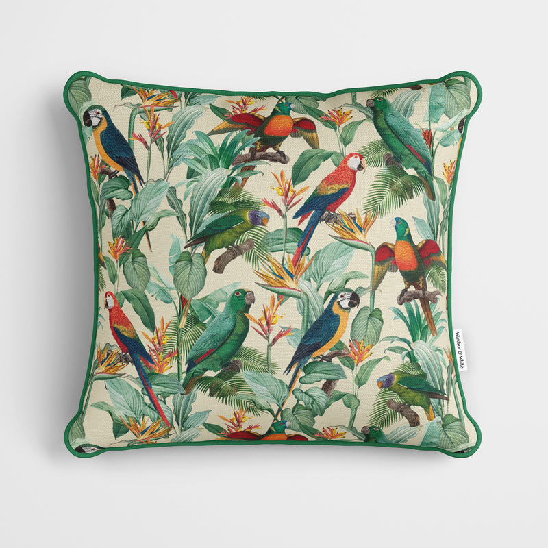 Tropical Birds Beige Cushion - Handmade Homeware, Made in Britain - Windsor and White