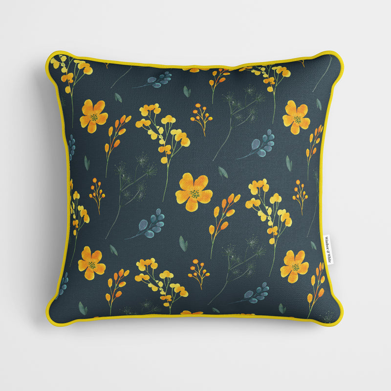 Navy Whimsical Yellow Floral Cushion - Handmade Homeware, Made in Britain - Windsor and White