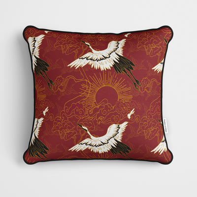Flying Cranes Red Cushion - Handmade Homeware, Made in Britain - Windsor and White