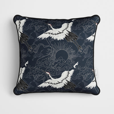 Flying Cranes Navy Blue Cushion - Handmade Homeware, Made in Britain - Windsor and White