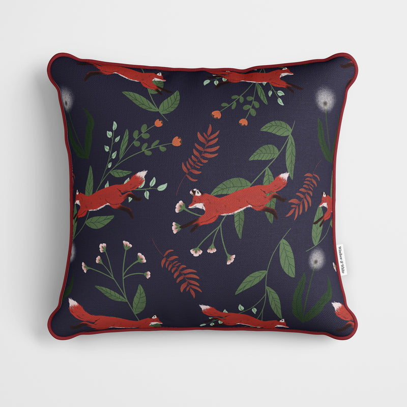 Foxes And Flora Blue Cushion - Handmade Homeware, Made in Britain - Windsor and White