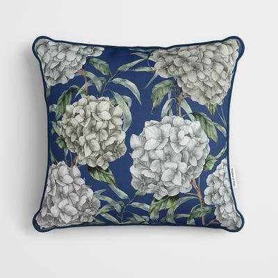 White Hydrangeas Blue Cushion - Handmade Homeware, Made in Britain - Windsor and White