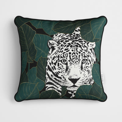 Green Leaves Mono Leopard Cushion - Handmade Homeware, Made in Britain - Windsor and White