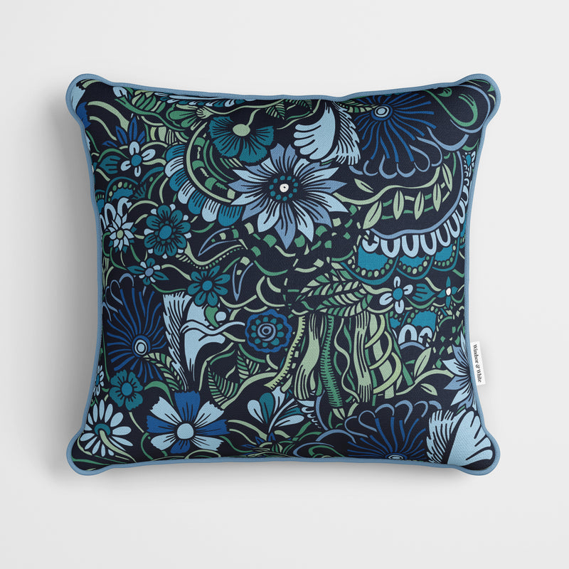 Botanical Blue Quirky Floral Cushion - Handmade Homeware, Made in Britain - Windsor and White