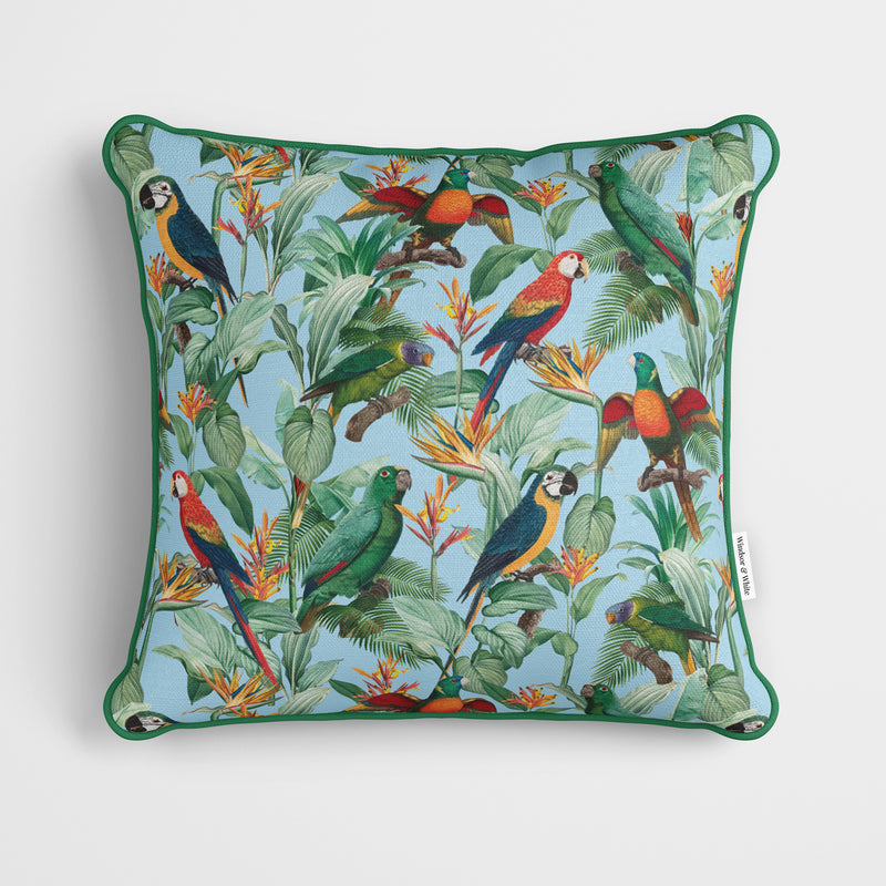 Tropical Birds Blue Cushion - Handmade Homeware, Made in Britain - Windsor and White