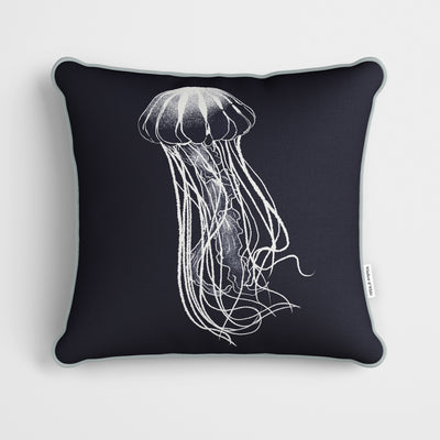 White Jellyfish Print Blue Cushion - Handmade Homeware, Made in Britain - Windsor and White