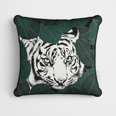 Green Leaves Mono Tiger Cushion - Handmade Homeware, Made in Britain - Windsor and White