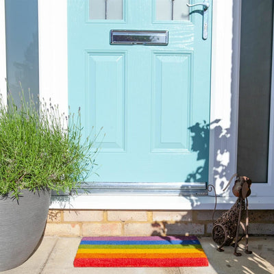 Rectangular Non-Slip Coir Rainbow Door Mat - 60 x 40cm - Handmade Homeware, Made in Britain - Windsor and White