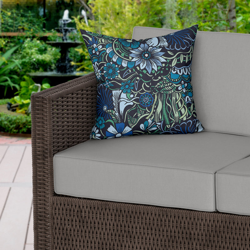 Botanical Blue Quirky Floral Water Resistant Garden Outdoor Cushion - Handmade Homeware, Made in Britain - Windsor and White